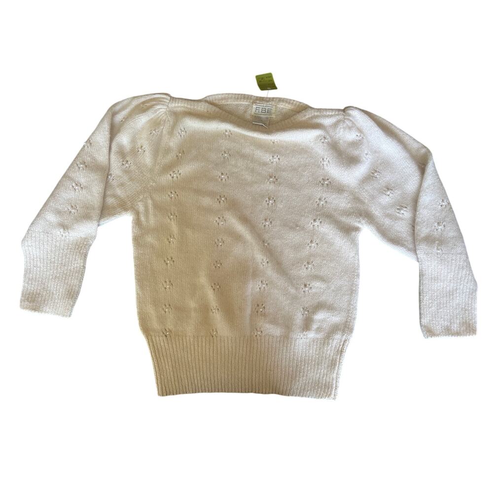 FaBE VTG Womens Silk Angora Sweater M Embellished Puff Sleeve white Feminine